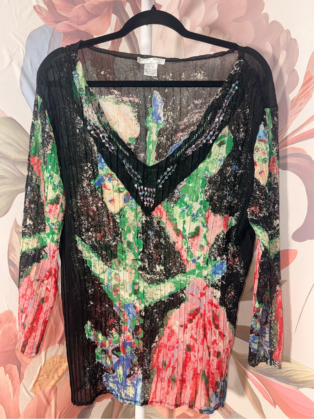 Alberto Makali Black Floral Sequin V-Neck Blouse Top - XL